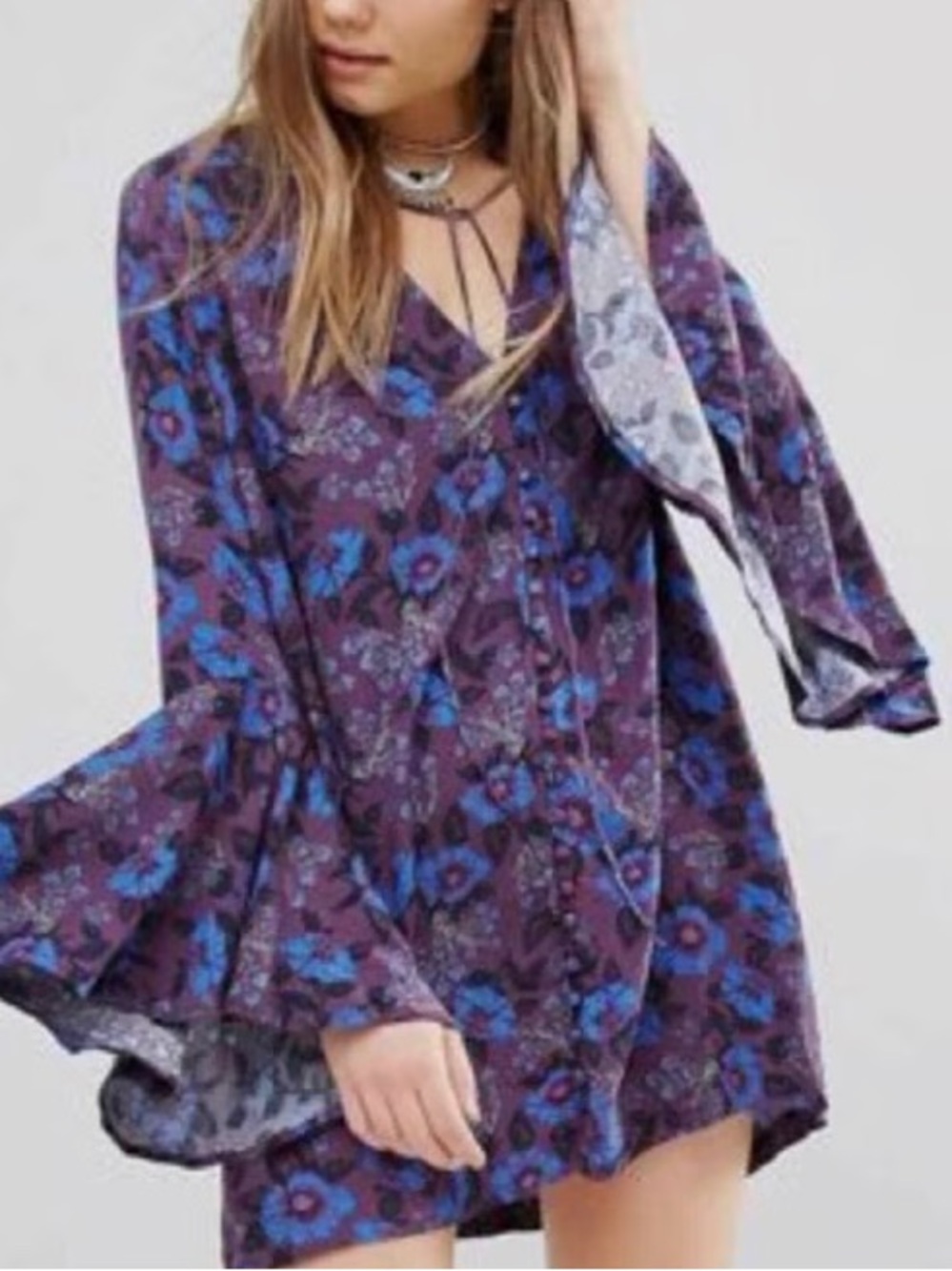 Free People Magic Mystery Tunic/dress bell sleeve purple/blue floral Sz L